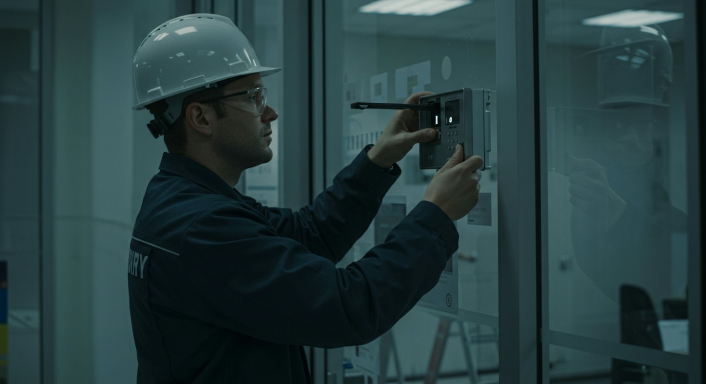 Technician operating access control panel on glass door.